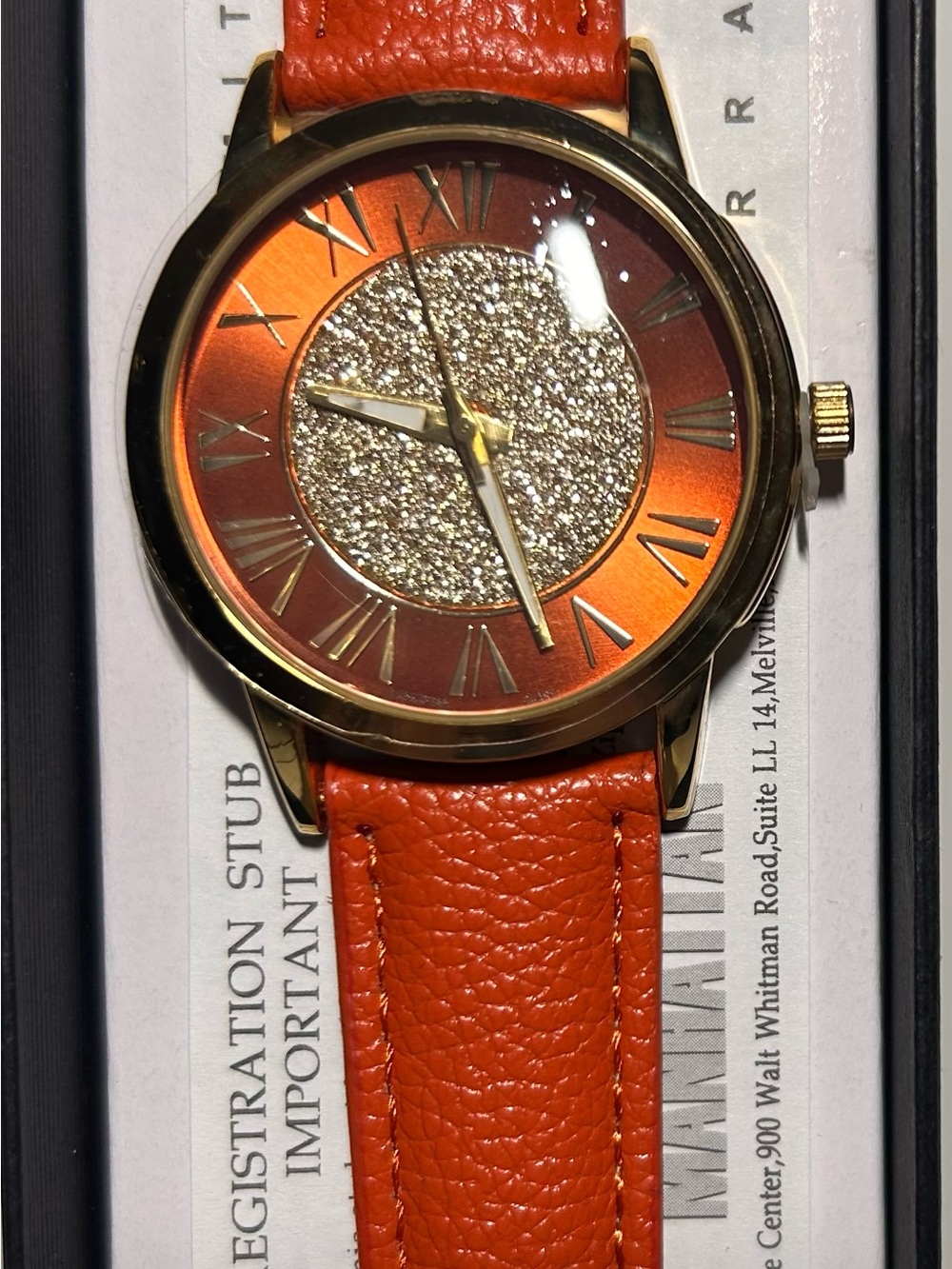 NIB Ladies Manhattan by Croton Orange Wrist Watch with Glitter Dial